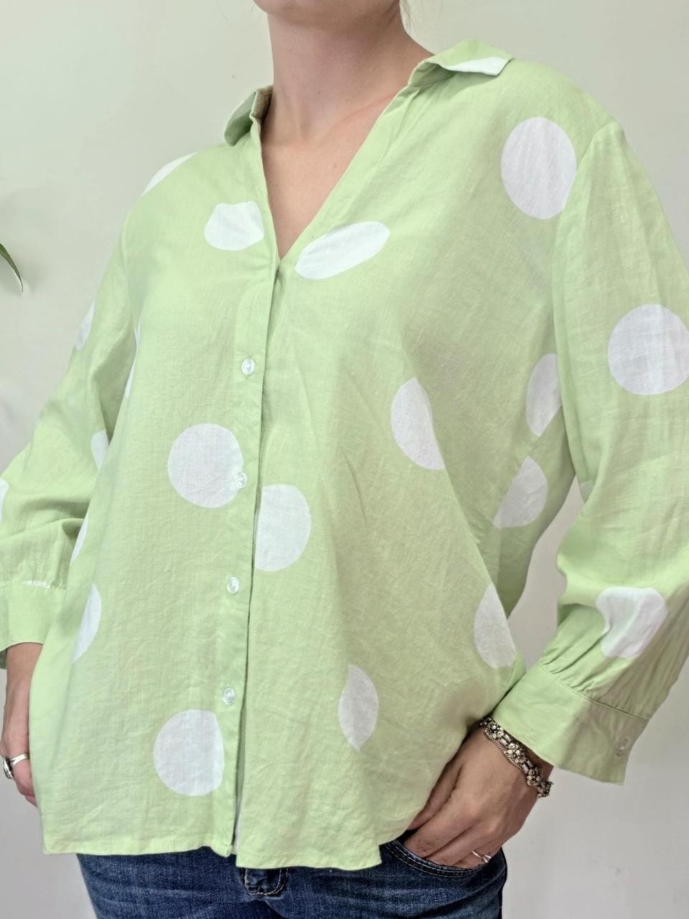 Y2K Lime green polka dot button down top